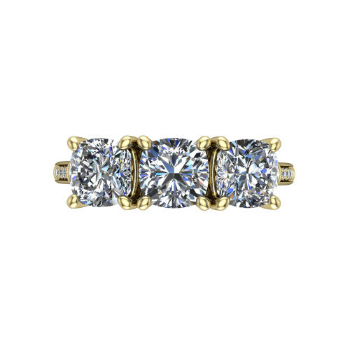 Emory cushion three-stone engagement ring in 14K Yellow Gold, top-down view showing the three matched cushion diamonds set side by side across the band