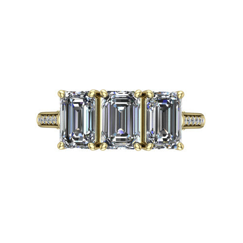 Emory emerald-cut three-stone engagement ring in 18K Yellow Gold, top-down view showing the three matched emerald-cut diamonds set side by side across the band