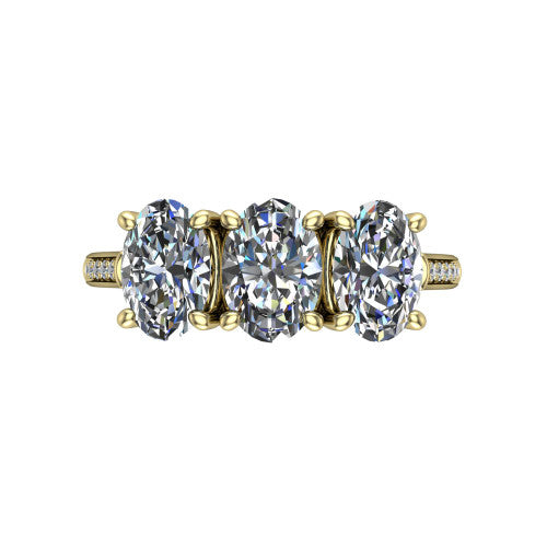 Emory oval three-stone engagement ring in 18K Yellow Gold, top-down view showing the three matched oval diamonds set side by side across the band