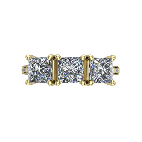 Emory princess-cut three-stone engagement ring in 18K Yellow Gold, top-down view showing the three matched princess-cut diamonds set side by side across the band