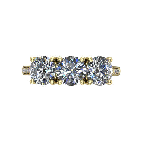 Emory round three-stone engagement ring in 14K Yellow Gold, top-down view showing the three matched round diamonds set side by side across the band