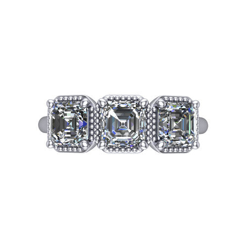 Evangeline square emerald-cut three-stone engagement ring in Platinum, top-down view showing the three square emerald-cut diamonds set side by side in milgrain bezels