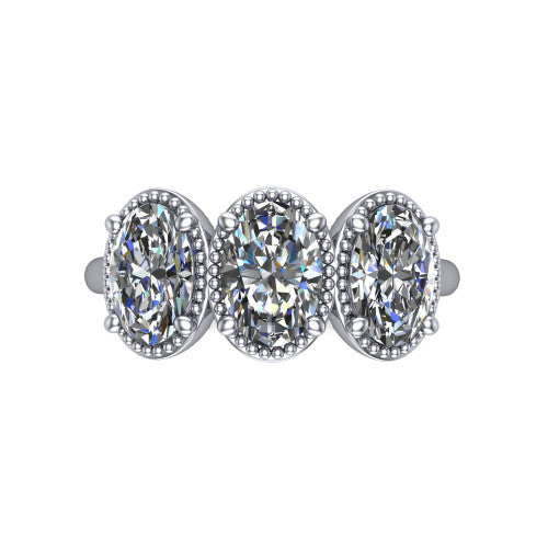 Evangeline oval three-stone engagement ring in 18K White Gold, top-down view showing the three oval diamonds set side by side in milgrain bezels