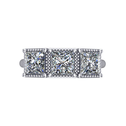 Evangeline princess-cut three-stone engagement ring in 14K White Gold, top-down view showing the three princess-cut diamonds set side by side in milgrain bezels