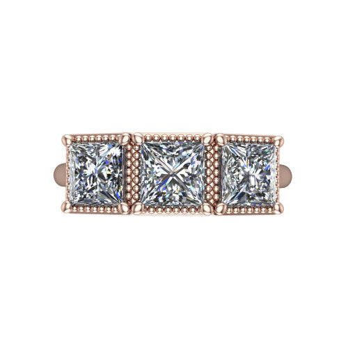 Evangeline princess-cut three-stone engagement ring in 14K Rose Gold, top-down view showing the three princess-cut diamonds set side by side in milgrain bezels