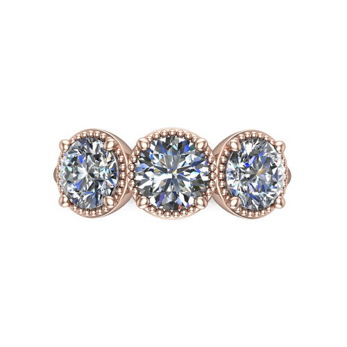 Evangeline round three-stone engagement ring in 18K Rose Gold, top-down view showing the three round diamonds set side by side in milgrain bezels