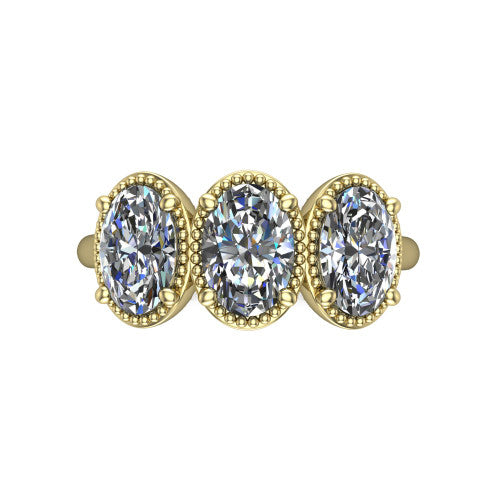 Evangeline oval three-stone engagement ring in 18K Yellow Gold, top-down view showing the three oval diamonds set side by side in milgrain bezels