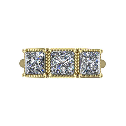 Evangeline princess-cut three-stone engagement ring in 18K Yellow Gold, top-down view showing the three princess-cut diamonds set side by side in milgrain bezels