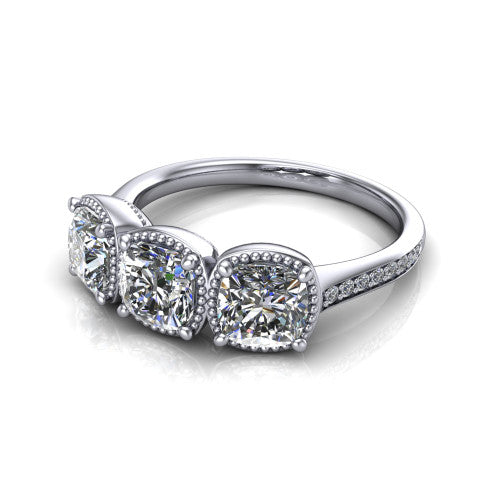 Kayla Cushion Shape Three Stone Engagement Ring in 14K White Gold