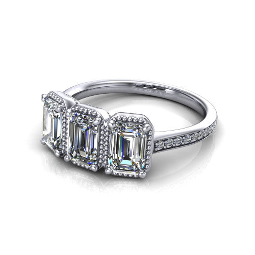Kayla Emerald Shape Three Stone Engagement Ring in 18K White Gold