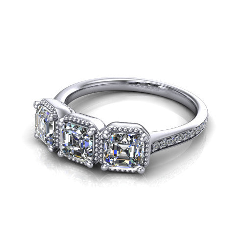 Kayla Square Emerald Shape Three Stone Engagement Ring in Platinum