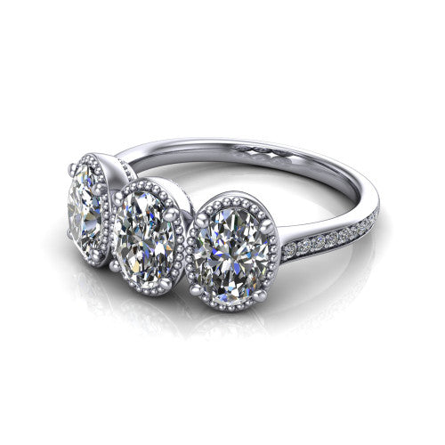 Kayla Oval Shape Three Stone Engagement Ring in 18K White Gold