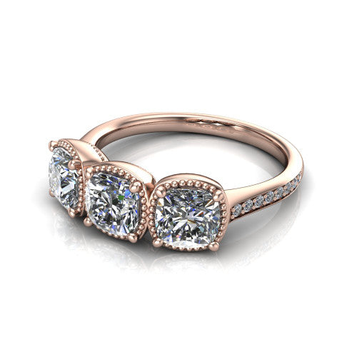 Kayla Cushion Shape Three Stone Engagement Ring in 18K Rose Gold