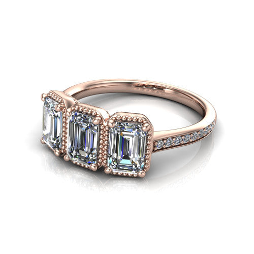 Kayla Emerald Shape Three Stone Engagement Ring in 14K Rose Gold
