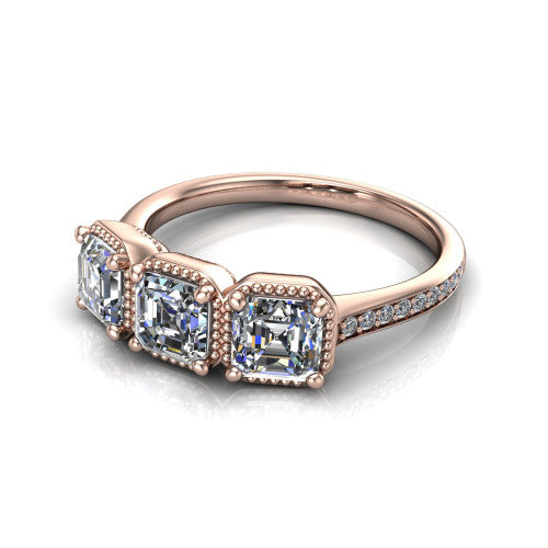 Kayla Square Emerald Shape Three Stone Engagement Ring in 18K Rose Gold