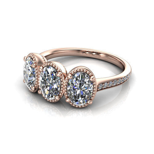 Kayla Oval Shape Three Stone Engagement Ring in 14K Rose Gold