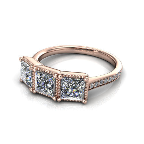 Kayla Princess Shape Three Stone Engagement Ring in 18K Rose Gold