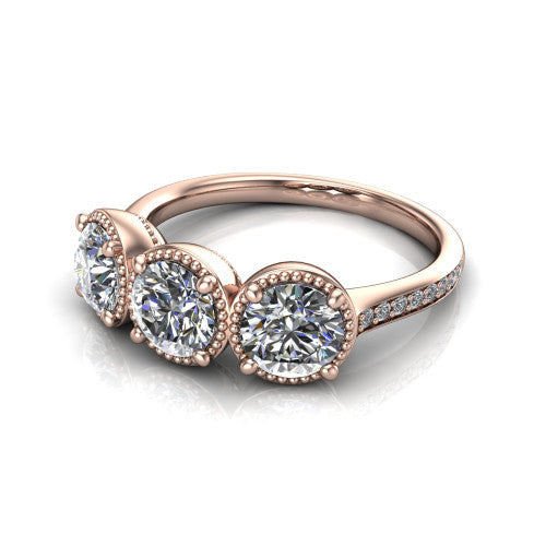 Kayla Round Shape Three Stone Engagement Ring in 18K Rose Gold
