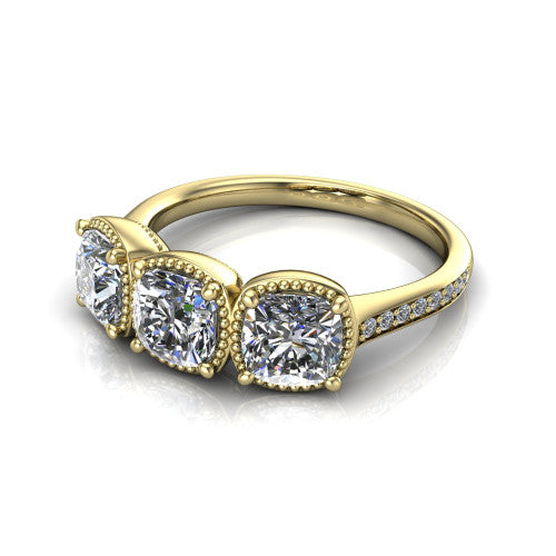Kayla Cushion Shape Three Stone Engagement Ring in 18K Yellow Gold