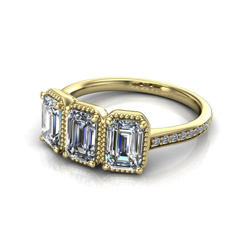 Kayla Emerald Shape Three Stone Engagement Ring in 18K Yellow Gold