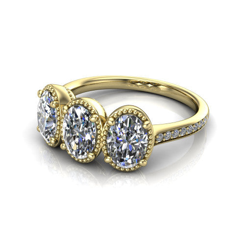 Kayla Oval Shape Three Stone Engagement Ring in 18K Yellow Gold