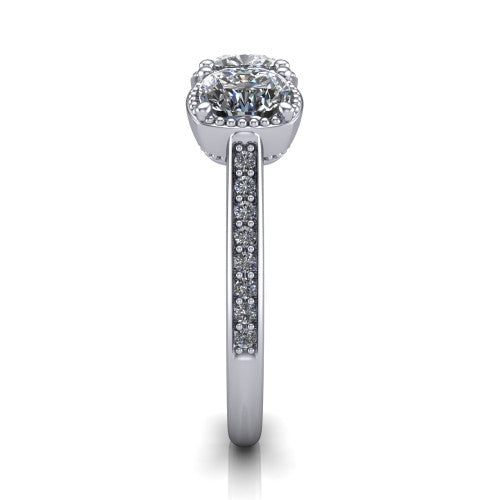Kayla Cushion Shape Three Stone Engagement Ring in 14K White Gold