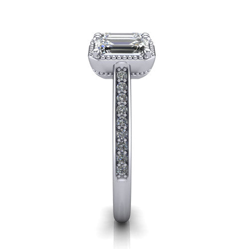 Kayla Emerald Shape Three Stone Engagement Ring in 18K White Gold