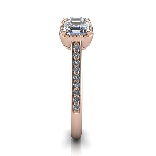 Kayla Square Emerald Shape Three Stone Engagement Ring in 18K Rose Gold