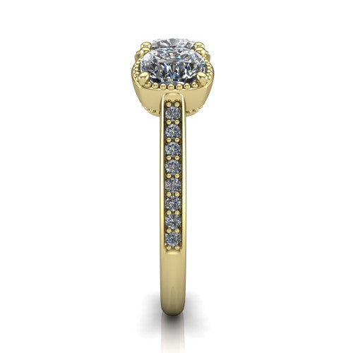 Kayla Cushion Shape Three Stone Engagement Ring in 18K Yellow Gold