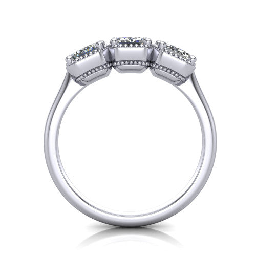 Kayla Emerald Shape Three Stone Engagement Ring in 18K White Gold