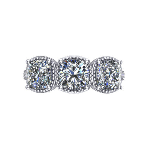 Kayla Cushion Shape Three Stone Engagement Ring in 14K White Gold