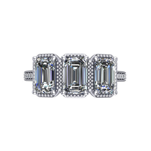 Kayla Emerald Shape Three Stone Engagement Ring in 18K White Gold