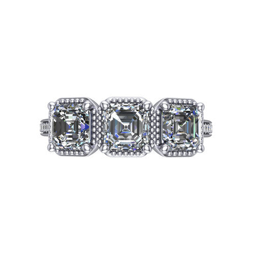 Kayla Square Emerald Shape Three Stone Engagement Ring in 18K White Gold