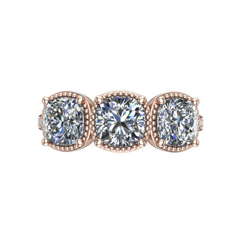 Kayla Cushion Shape Three Stone Engagement Ring in 18K Rose Gold