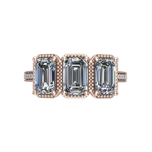 Kayla Emerald Shape Three Stone Engagement Ring in 14K Rose Gold