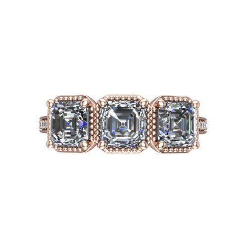 Kayla Square Emerald Shape Three Stone Engagement Ring in 18K Rose Gold