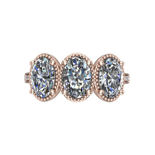 Kayla Oval Shape Three Stone Engagement Ring in 18K Rose Gold