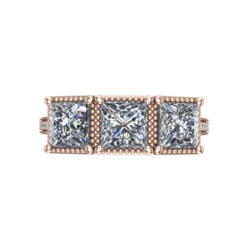 Kayla Princess Shape Three Stone Engagement Ring in 14K Rose Gold