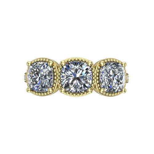 Kayla Cushion Shape Three Stone Engagement Ring in 18K Yellow Gold