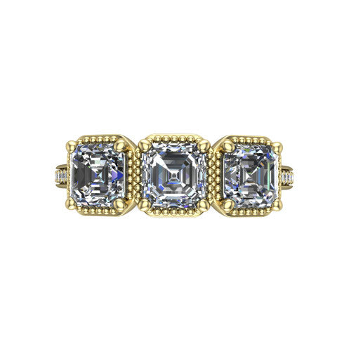 Kayla Square Emerald Shape Three Stone Engagement Ring in 18K Yellow Gold