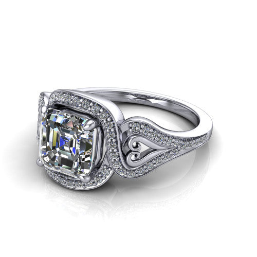 Elisa square emerald-cut vintage halo engagement ring in 14K White Gold, three-quarter perspective showing the square emerald-cut center diamond, pave halo, and vintage filigree heart-scroll shoulders