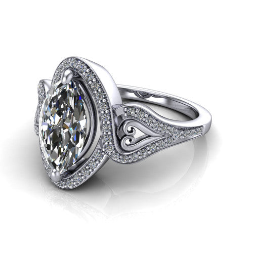 Elisa marquise vintage halo engagement ring in 18K White Gold, three-quarter perspective showing the marquise center diamond, pave halo, and vintage filigree heart-scroll shoulders