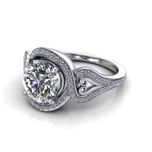 Elisa round vintage halo engagement ring in Platinum, three-quarter perspective showing the round center diamond, pave halo, and vintage filigree heart-scroll shoulders
