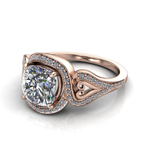 Elisa cushion vintage halo engagement ring in 18K Rose Gold, three-quarter perspective showing the cushion center diamond, pave halo, and vintage filigree heart-scroll shoulders