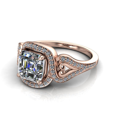 Elisa square emerald-cut vintage halo engagement ring in 14K Rose Gold, three-quarter perspective showing the square emerald-cut center diamond, pave halo, and vintage filigree heart-scroll shoulders