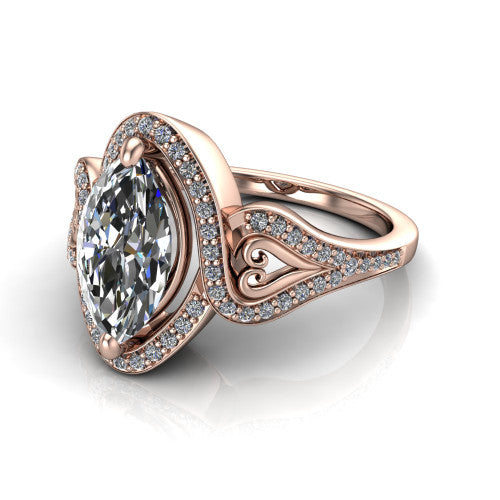 Elisa marquise vintage halo engagement ring in 18K Rose Gold, three-quarter perspective showing the marquise center diamond, pave halo, and vintage filigree heart-scroll shoulders