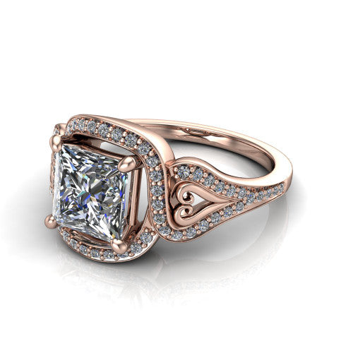 Elisa princess-cut vintage halo engagement ring in 14K Rose Gold, three-quarter perspective showing the princess-cut center diamond, pave halo, and vintage filigree heart-scroll shoulders