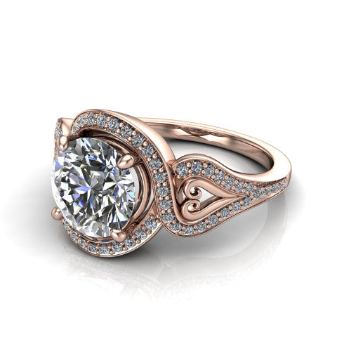 Elisa round vintage halo engagement ring in 18K Rose Gold, three-quarter perspective showing the round center diamond, pave halo, and vintage filigree heart-scroll shoulders