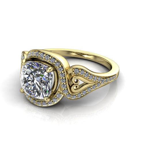 Elisa cushion vintage halo engagement ring in 14K Yellow Gold, three-quarter perspective showing the cushion center diamond, pave halo, and vintage filigree heart-scroll shoulders