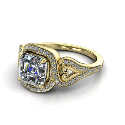 Elisa square emerald-cut vintage halo engagement ring in 18K Yellow Gold, three-quarter perspective showing the square emerald-cut center diamond, pave halo, and vintage filigree heart-scroll shoulders